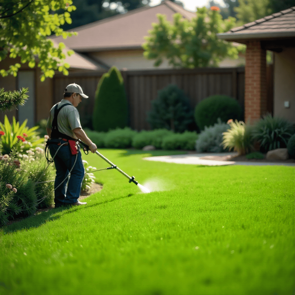 Team member applying organic fertiliser to lawn